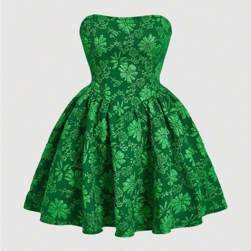 SHEIN MOD Women's Jacquard Strapless Green Floral Dress Size Medium